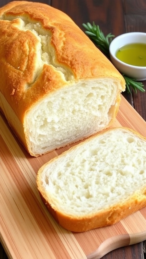 Gluten-Free Bread Machine Recipe Sliced gluten-free bread on a wooden cutting board with olive oil and rosemary in the background.